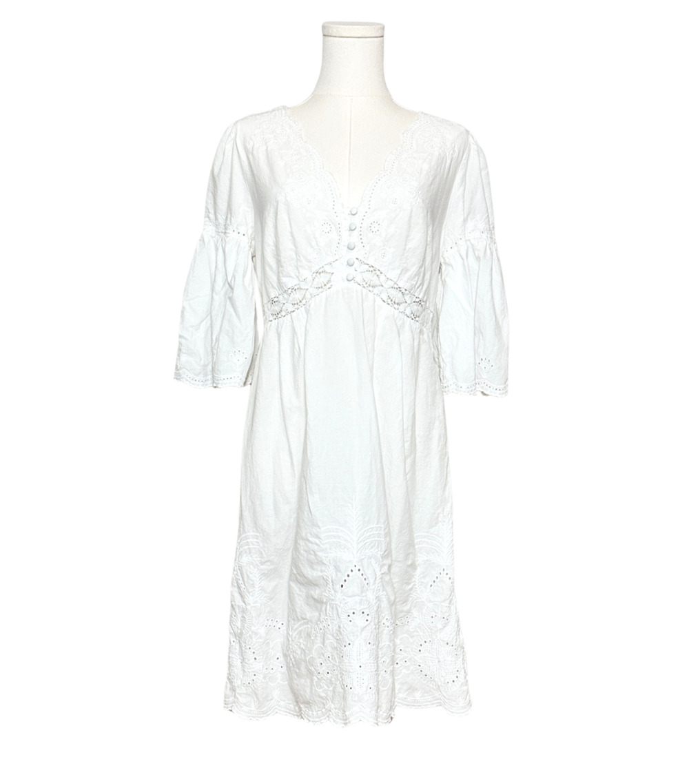 Vanessa Virginia Embroidered Cotton V Neck Flare Sleeve White Dress Size 10